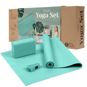 Zestaw do jogi myga Yoga Starter Kit: mata, klocek, pasek - turkusowy